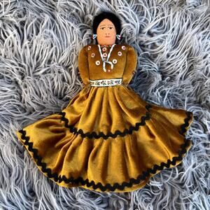 Handmade Native America Navajo Cloth Doll American Folk Art Velvet Dress 9.5"